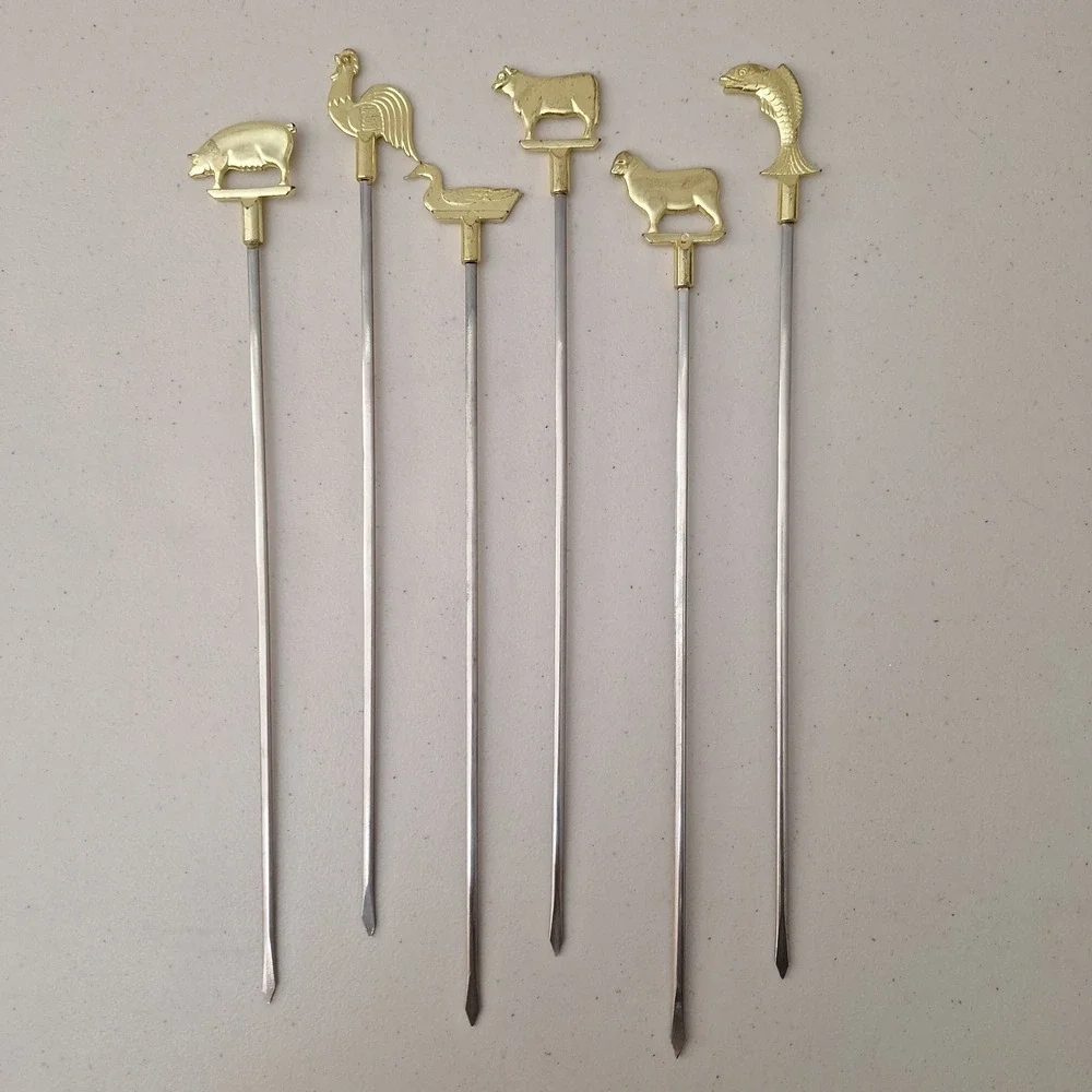 Vintage Set Of 6 Brass Skewers Tops Farm Animals 15